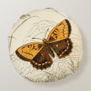 Vintage Butterfly Illustration, Guld och Brown Rund Kudde