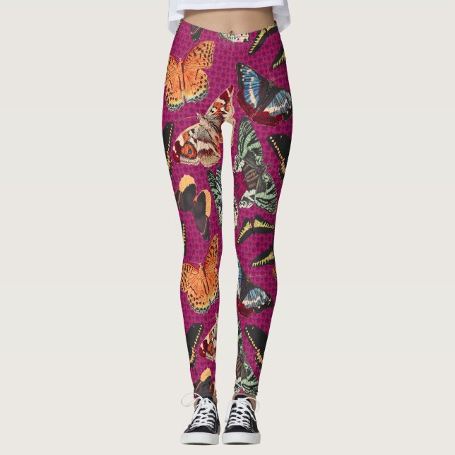 Vintage Butterfly Illustration Lila Background Leggings (Framsida)