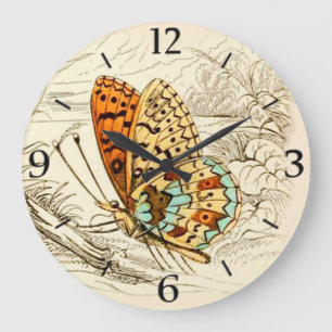 Vintage Butterfly Illustration, Orange och Beige Stor Klocka