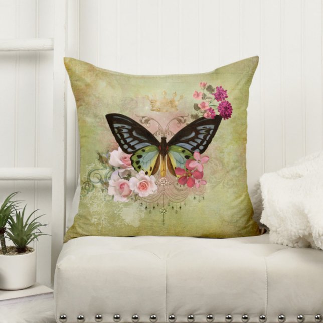 Vintage Butterfly med Rosa Flowers Kudde (Skapare uppladdad)