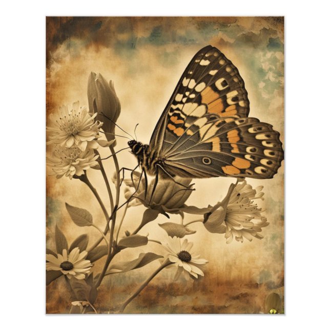 Vintage Butterfly med vita blommor Fototryck (Framsidan)