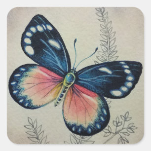 Vintage Butterfly No 2 Watercolor Art Art Fyrkantigt Klistermärke