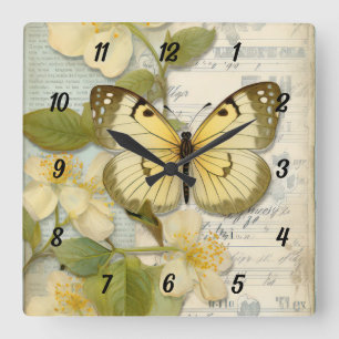 Vintage Butterfly och Flowers Fyrkantig Klocka