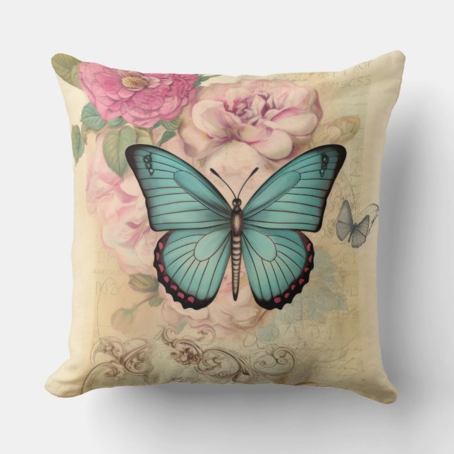 Vintage Butterfly och Flowers Kudde (Framsida)