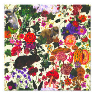 Vintage Butterfly Rabbit Garden Blommigt Watercolo Fototryck