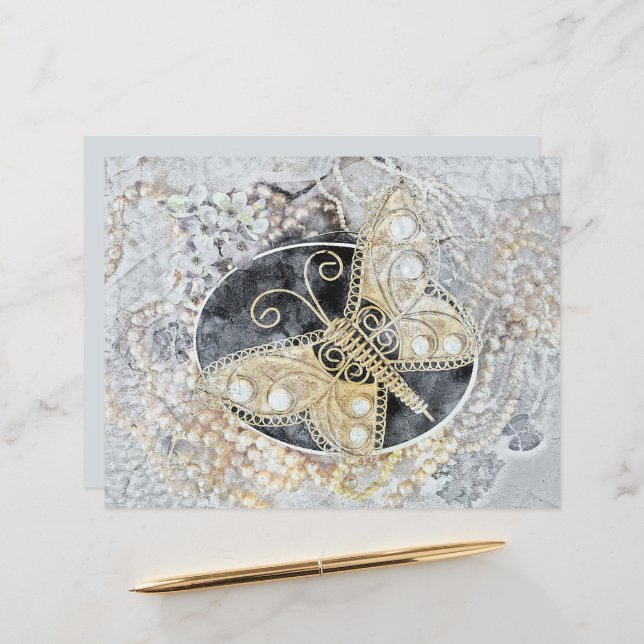 Vintage Butterfly Romantic Guld White Black Art (Fram/Back In Situ)