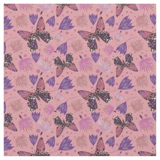 Vintage Butterfly Rosa Blommönster Tyg (Närbild)