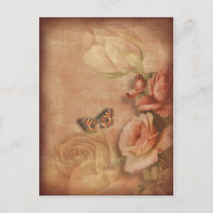 Vintage Butterfly & Rosor shabby chic Vykort