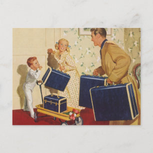 Vintage Byte av Adress, Familj med resväskor Meddelande Vykort