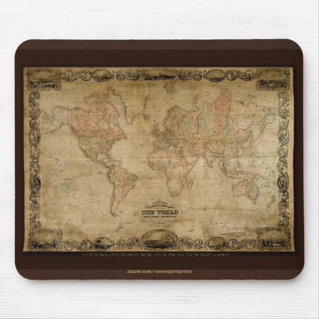 Vintage C1847 Coltons gamla världskarta Mousepad Musmatta (Framsidan)