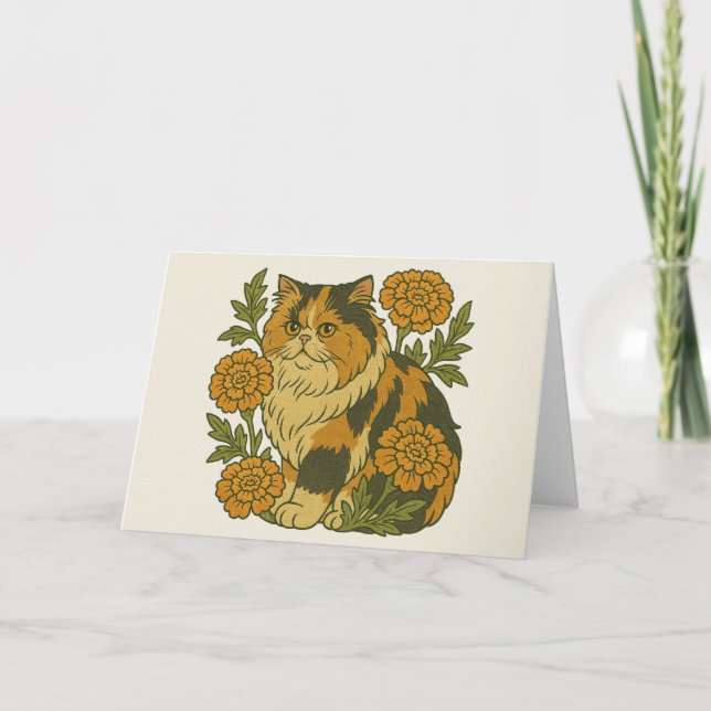 Vintage Calico Kattunge Marigold Flowers Kort (Framsida)