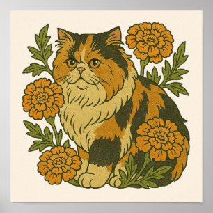 Vintage Calico Kattunge Marigold Flowers Poster