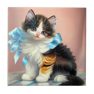 Vintage Calico Kitten Illustration Kakelplatta
