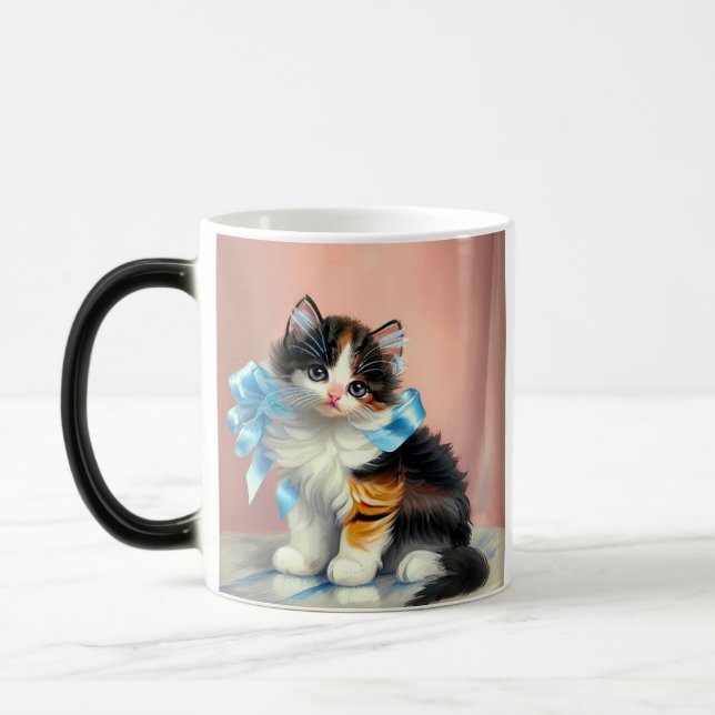 Vintage Calico Kitten Illustration Magisk Mugg (Vänster)