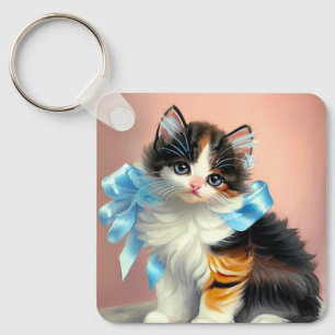 Vintage Calico Kitten Illustration Nyckelring
