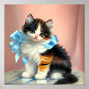 Vintage Calico Kitten Illustration Poster