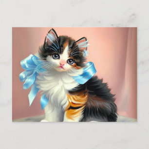 Vintage Calico Kitten Illustration Vykort