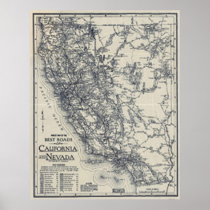 Vintage California och Nevada Road Karta (1920) Poster