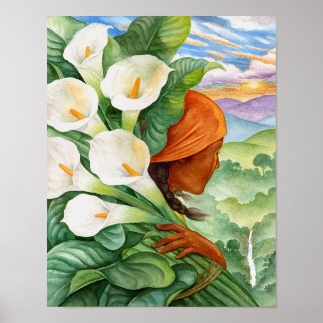 Vintage Calla Lily Flowers Woman Blommigt Watercol Poster (Framsidan)