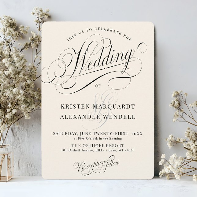 Vintage Calligraphy Script Elegant Ivory Bröllop Inbjudningar (Beautiful vintage ivory cream and black ornate swirl calligraphy script wedding invitation QR code)