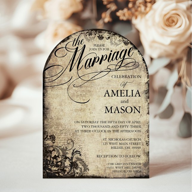 Vintage Calligraphy Script Flourish Bröllop Inbjudningar (Arched Wedding invitation with vintage script calligraphy)