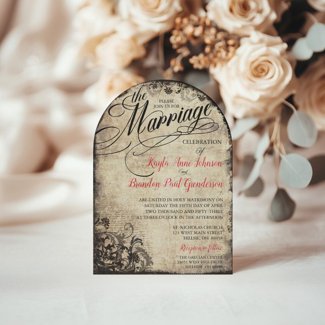 Vintage Calligraphy Script Flourish Bröllop Inbjudningar (Vintage Arched Wedding Invitation with cherry red text.)