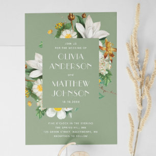 Vintage camellia. Blommigt grönt bröllop QR Inbjudningar