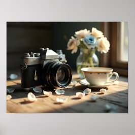 Vintage Camera And Coffee Cup Morning Aesthetic Poster