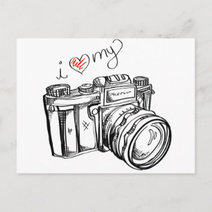 Vintage Camera, Hand plockade Illustration, Foto Vykort