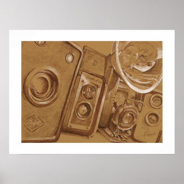 Vintage Cameras - Pencil Teckning i Sepia Tone Poster (Framsidan)