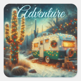 Vintage Camper jul i Desert Saguaro Cactus Fyrkantigt Klistermärke