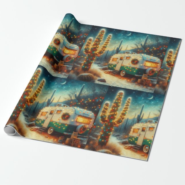 Vintage Camper jul i Desert Saguaro Cactus Presentpapper (Utrullad)