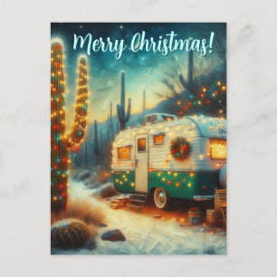 Vintage Camper Saguaro Cactus Juldeert Vykort