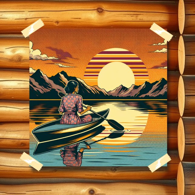 Vintage Camping Scene Woman Kayaking Poster (Skapare uppladdad)