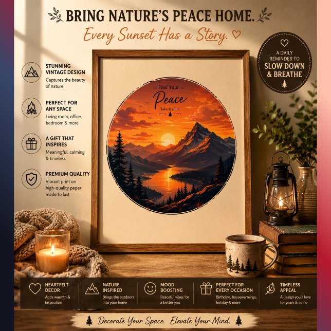 Vintage campingeld solnedgångsposter | Rustik berg Poster (Skapare uppladdad)