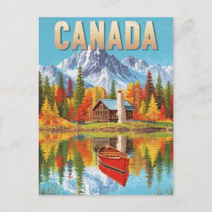 Vintage Canada Wilderness Cabin & Canoe Sjö Scene Vykort