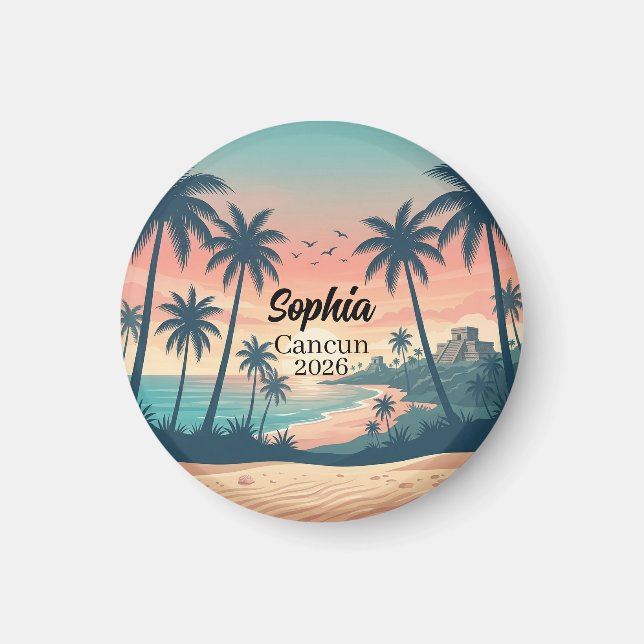 Vintage Cancun 2026 Tropisk Strand Solnedgång Magnet (Framsidan)