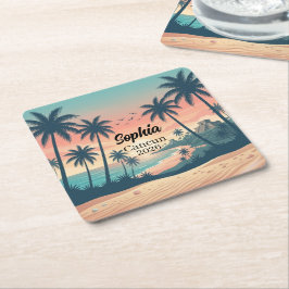 Vintage Cancun 2026 Tropisk Strand Solnedgång Underlägg Papper Kvadrat