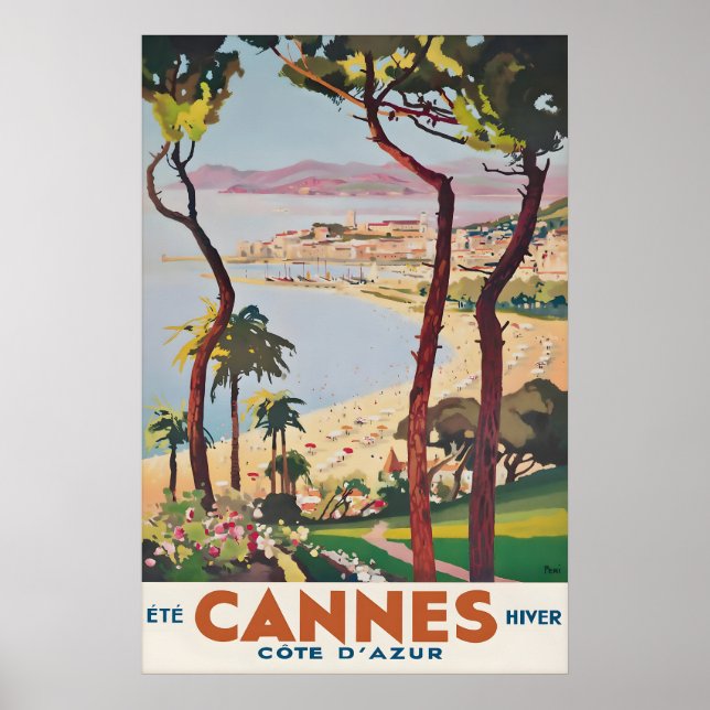 Vintage Cannes-resemålstryck, Franska Rivieran Poster (Framsidan)