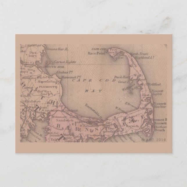 Vintage Cape Cod Karta Vykort (Framsida)