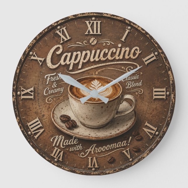 Vintage Cappuccino Rustic Coffee Bar  Stor Klocka (Framsida)