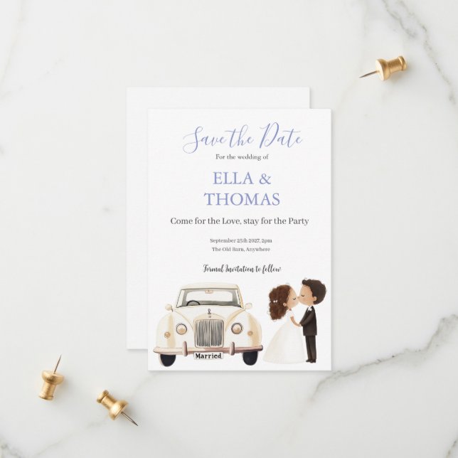 Vintage Car Bride & Groom Lilac  Spara Datumet (Fram/Back In Situ)