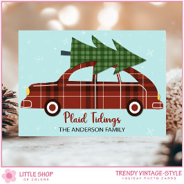 Vintage Car Red Plaid Christmas Custom Photo Julkort