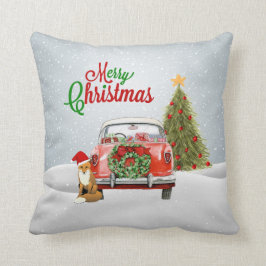 Vintage car som parkeras av julgran- och rävsitti kudde