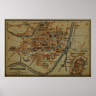 Vintage Carcassonne Frankrike Karta (1895) Poster