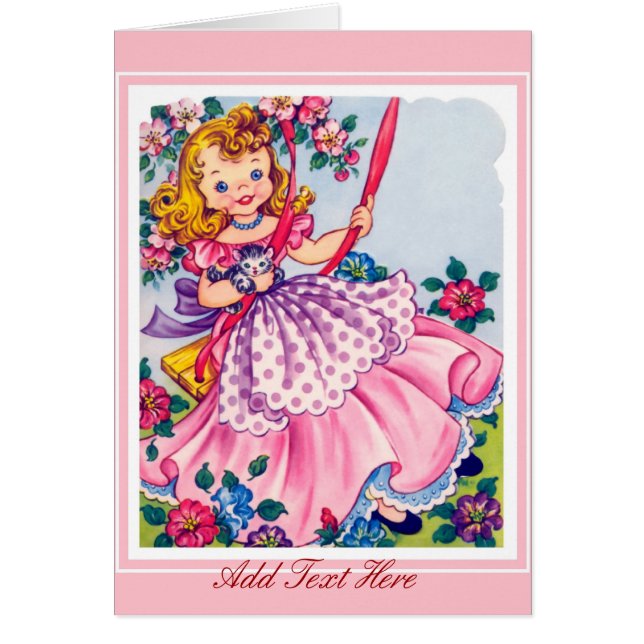 Vintage Card Little Girl and Cat Hälsningskort (Framsidan)