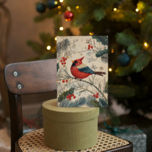 Vintage Cardinal Fågel Bär Julgran Julkort