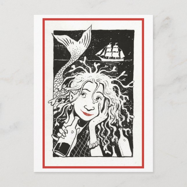 Vintage Carfree-Sjöjungfru Illustration Vykort (Framsida)