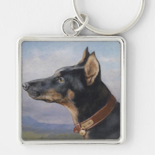 Vintage Carl Reichert Porträtt av Doberman Fyrkantig Silverfärgad Nyckelring