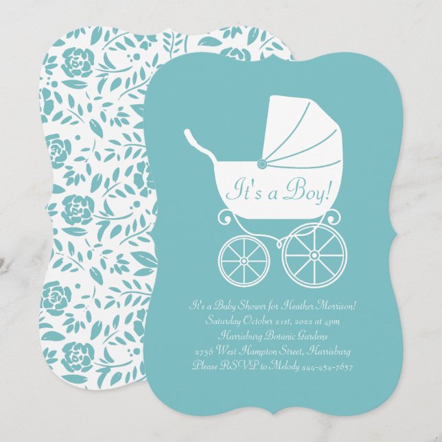 Vintage Carriage Baby Shower Cute Blue Boy Inbjudningar (Fram/baksida)